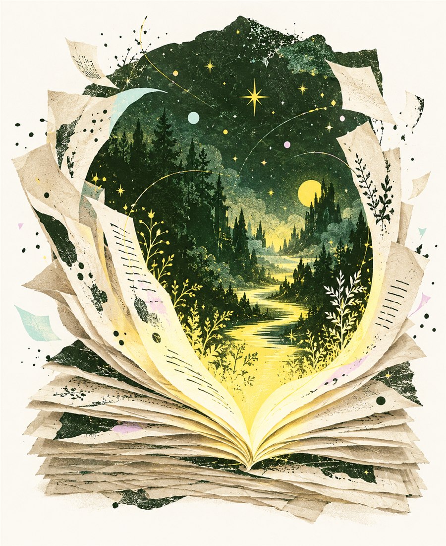 Manuscript pages opening into a luminous story world